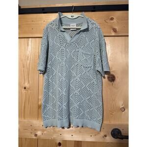Massive Luxury Mens Short Sleeve Green Knit Crochet Polo Sweater Sz M